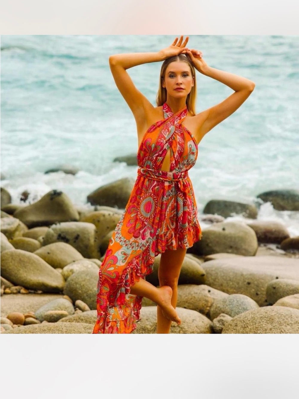 REVOLVE Orange & Pink Paisley Asymmetrical Halter Dress